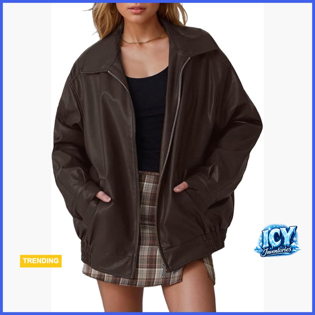 Faux Leather Motorcycle Bomber Jacket Oversized Aviator Style